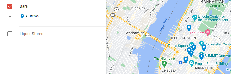 Google Maps Bars Selected 